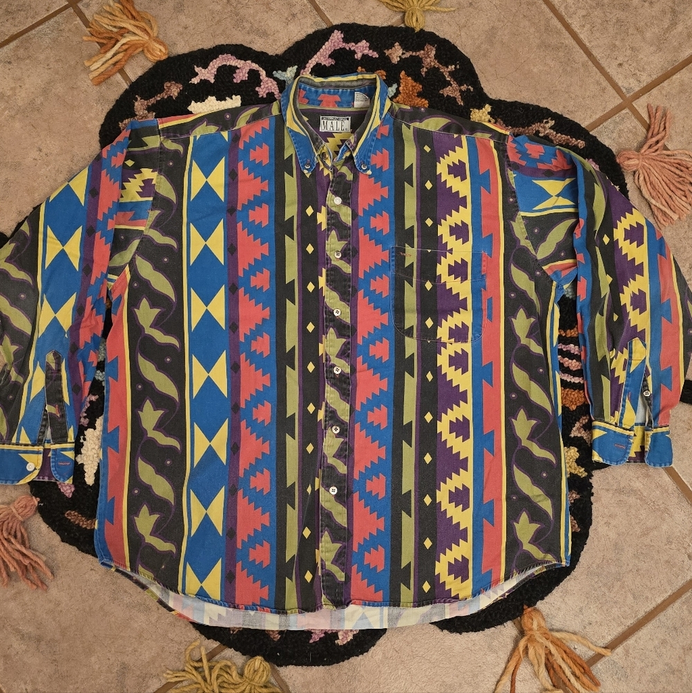 🔥🔥Vintage Bold Aztec Button-Up Shirt in Multicolor Internal Male 🔥🔥Size L